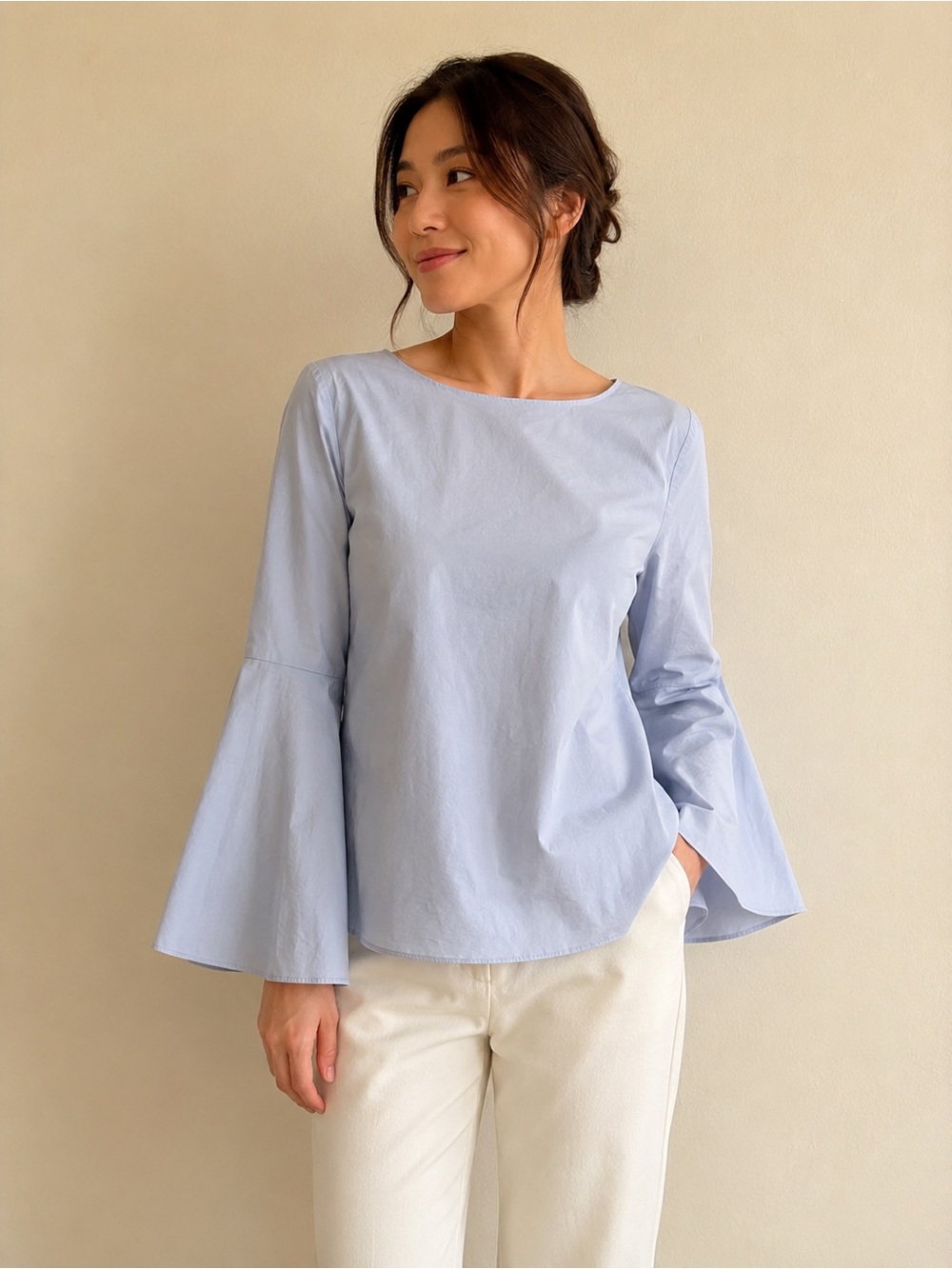 Ann Taylor Light Blue Bell Sleeve Blouse Cotton Poplin